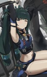 1girls 1other absurdres android anger_vein armpits arms_behind_head arms_up black_gloves black_hair black_pants black_shorts blush braided_sidelock commentary_request female fingerless_gloves gloves green_eyes highres korean_commentary light_blush long_hair looking_at_viewer midriff navel pants qingyi_(zenless_zone_zero) short_shorts shorts sitting sleeveless solo_focus sweat syhan tactical_clothes translation_request twintails zenless_zone_zero