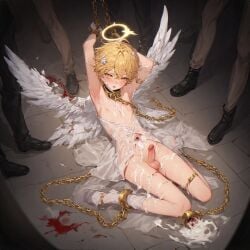 ai_generated angel angel_boy angel_wings blonde_hair blonde_hair_male blonde_male blood bondage broken_rape_victim broken_wing chained_up chains collar covered_in_cum cum femboy gangbang gangrape halo imprisoned rape restrained