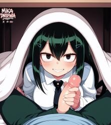 ai_generated asui_tsuyu black_eyes black_necktie blush boku_no_hero_academia breasts collared_shirt erection female green_hair green_pants grin hair_between_eyes hair_ornament hairclip handjob long_hair long_sleeves looking_at_viewer male necktie open_fly pants penis penis_out pov pov_crotch school_uniform shirt smile solo_focus stealth_sex straight sweatdrop teeth under_covers under_the_table white_shirt