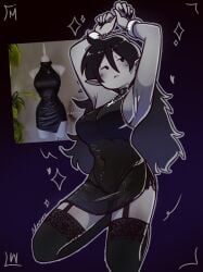 adventure_time ahoge alternate_costume armpits arms_up bit_mark black_eyes breasts cartoon_network colored_skin costume_request cuffs dress fang_mark female full_body garter_straps grey_skin handcuffs highres kneehighs large_breasts long_hair marceline marceline_abadeer no_nose photoshop_(medium) pointy_ears purple_background socks thighhighs usmangaa