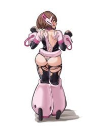ass belt black_bodysuit black_gloves blush bodysuit boku_no_hero_academia brown_hair censored commission female fingerless_gloves from_behind gloves hands_up highres medium_hair mosaic_censoring my_hero_academia_(finale) nico-mo ochako_uraraka pink_bodysuit profile pussy simple_background smile standing torn_bodysuit torn_clothes uraraka_ochako white_background white_belt white_bodysuit