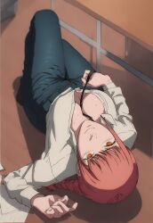 ai_generated arms_behind_back beautiful_girl black_jeans black_tie braid braided_hair breasts chainsaw_man cleavage desk expressionless female full_body glossy_skin hourglass_figure looking_at_viewer makima_(chainsaw_man) medium_breasts office orange_eyes pixel_dream_gen red_hair ringed_eyes sexy_woman solo sunset sweaty sweaty_cleavage untied_tie white_shirt