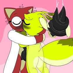 anthro arthropod bee black_penis blush bodily_fluids char_(hikiwi) closed_eyes clothing colored cum digital_drawing_(artwork) digital_media_(artwork) duo eyewear feral french_kissing genital_fluids genitals glasses green_body hand_behind_head hand_behind_neck hand_on_chest heart_symbol hi_res hikiwi hug hymenopteran insect_wings insects kissing lepidopteran long_penis male male/male mammal mane marsupial moth penis penis_wrap penisjob prehensile_penis red_body shirt simple_background tapering_penis topwear vombatiform wearing_glasses white_clothing white_shirt white_topwear wings wombat