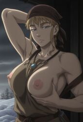 apron areola areolae arm_up armpits bandana barn big_breasts blonde_female blonde_hair blonde_hair_female blue_eyes breasts breasts_out dress farm female female_focus female_only fit_female grabbing_own_breast icelandic large_breasts looking_at_viewer mature_female mature_woman muscle_mommy nipples nordic nordinex5 norse_woman outdoors perfect_body showing_breasts sky snow solo solo_female solo_focus squeezing_breast tits_out toned_body toned_female undressing viking viking_female vinland_saga winter ylva_(vinland_saga)