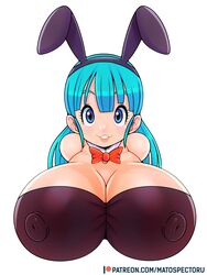 1girls artist_name big_breasts blue_eyes breasts bulma_(bunny) bulma_briefs bunny_ears bust bust_style busty cleavage clothing dragon_ball female female_only hair huge_breasts large_breasts matospectoru nipple_bulge patreon shounen_jump solo teenager url watermark