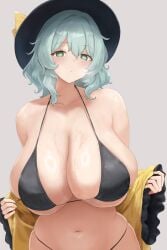1girls belly belly_button big_breasts bikini breasts breasts_bigger_than_head curvaceous curvaceous_figure curvy curvy_female curvy_figure female female_only green_eyes green_hair hat huge_breasts indifference indifferent koishi_komeiji large_breasts light-skinned_female light_skin looking_at_viewer massive_breasts moriforest1040 partially_clothed simple_background skindentation sole_female solo solo_female touhou