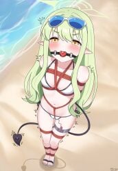 absurdres alternate_costume ball_gag beach bikini blue-tinted_eyewear blue_archive bondage breasts chinese_commentary commentary_request demon_girl demon_tail eyewear_on_head female from_above full_body gag gagged green_hair green_halo halo highres hikari_(blue_archive) long_hair looking_at_viewer neko_huan ocean outdoors paid_reward_available pointy_ears pussy_juice remote_control_vibrator sex_toy small_breasts solo standing sunglasses swimsuit tail tinted_eyewear toes v-shaped_eyebrows variant_set vibrator vibrator_under_clothes white-framed_eyewear white_bikini yellow_eyes
