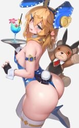 1girl :p absurdres alternate_costume animal_ears ass black_gloves blonde_hair breasts bridget commentary_request cup drink drinking_straw fake_animal_ears fake_tail female_focus female_only fingerless_gloves food fruit gloves guilty_gear guilty_gear_strive hair_between_eyes hakusyokuto highres holding lemon lemon_slice leotard looking_at_viewer medium_hair nipples playboy_bunny rabbit_ears rabbit_tail small_breasts solo standing standing_on_one_leg stuffed_animal stuffed_toy tail teddy_bear thighhighs tongue tongue_out trans_woman trap white_thighhighs