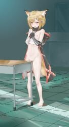 absurdres animal_ear_fluff animal_ears arknights armor bandaged_arm bandages bare_shoulders barefoot black_gloves blonde_hair bottomless chinese_commentary commentary_request crotch_rub desk drooling feet female female_masturbation flat_chest full_body gauntlets gloves groin hair_ornament hairclip heart heart-shaped_pupils highres ke'ai_de_ri_bao looking_ahead masturbation material_growth navel nipples oripathy_lesion_(arknights) own_hands_together pussy pussy_juice school_desk short_hair single_gauntlet solo standing stomach symbol-shaped_pupils table table_humping tail toes vermeil_(arknights)