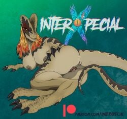 anthro breasts claws dilophosaurid dilophosaurus dinosaur female finger_claws genitals green_background green_body green_scales interxpecial jurassic_park lying nipples non-mammal_breasts non-mammal_nipples nude on_side patreon patreon_logo pinup pose prehistoric_species presenting presenting_pussy pussy reptile scales scalie simple_background solo tail text theropod toe_claws universal_studios url