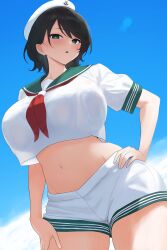 1girls anchor_symbol black_hair blue_sky blush breasts breasts_bigger_than_head collared_shirt crop_top female female_only fully_clothed green_eyes hand_on_hat hand_on_hip hat huge_breasts looking_at_viewer midriff minamitsu_murasa moriforest1040 navel neckerchief red_neckerchief sailor_collar sailor_hat see-through see-through_clothing short_hair short_shorts short_sleeves shorts sky solo touhou white_hat white_shirt