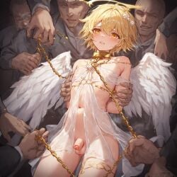 ai_generated angel angel_boy angel_wings blonde_hair blonde_hair_male blonde_male bondage chained_up chains collar femboy gangbang gangrape groping halo imprisoned rape restrained