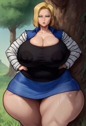 abdomen ai_generated alternate_breast_size android_18 big_ass big_breasts blonde_hair blue_eyes dragon_ball gigantic_breasts huge_ass huge_breasts large_breasts milf niduscharger taller_girl thick_thighs venus_body wide_hips
