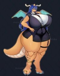 absurd_res anthro artist_massshinka auction belt blue_hair bodily_fluids boss bottomwear breasts clothed clothed_female clothing cum dragon dragonite ear_piercing ear_ring fan_character female generation_1_pokemon genital_fluids gold_(metal) hair hi_res horn hyper jacket leopard_spots monster_girl_(genre) mythological_creature mythological_scalie mythology necktie nintendo office office_lady overweight piercing pinup pokemon pokemon_(species) pose ring_piercing scalie shirt skirt solo spots tail tall tattoo thick_tail topwear wide_hips