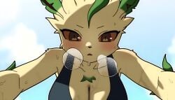 breath_cloud hakkimanime large_breasts leafeon pokemon pokemon_(species) sweat