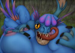2025 4yd0_yctahobka anthro balls blue_body bodily_fluids breast_grab breast_play breast_suck breasts dota dragon duo fairy_dragon first_person_view fish futanari genitals grass hand_on_breast hand_on_head hi_res humanoid_genitalia humanoid_penis intersex lactating long_tongue lying male marine multi_breast mythological_creature mythological_scalie mythology on_back penis plant puck_the_faerie_dragon scalie slark_the_nightcrawler sucking tail tongue valve