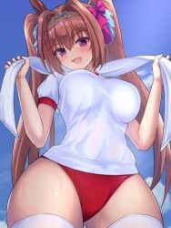 animal_ears ass_visible_through_thighs blue_sky breasts brown_hair buruma cloud commentary cowboy_shot daiwa_scarlet_(umamusume) female from_below gym_uniform hair_intakes horse_ears horse_girl large_breasts long_hair looking_at_viewer red_buruma red_eyes sayashi_(type5_labyrith) shirt sky solo sweat t-shirt thighhighs tracen_training_uniform twintails umamusume very_long_hair white_shirt white_thighhighs