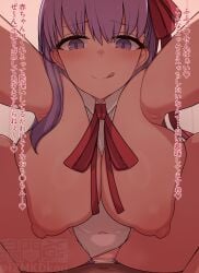 1boy bare_shoulders bb_(fate) blush breasts censored commentary_request cowgirl_position cowgirl_position fate/grand_order fate_(series) female hair_ribbon highres izumikado_kou large_breasts leaning_forward leotard long_hair looking_at_viewer nipples purple_eyes purple_hair pussy ribbon scribble_censor sex smile spread_legs straddling straight thighs translation_request vaginal_penetration white_leotard
