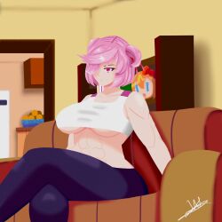 abs biceps big_breasts buff_female legs_crossed muscles natsuki_(doki_doki_literature_club) pants pink_hair ribbon short_hair six_pack unknown_artist