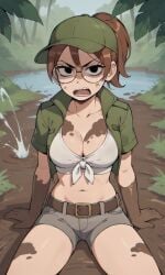 ai_generated ass bigmic145 breasts brown_hair cap cleavage dirty female front-tie_top glasses hat jacket julie_powers mud muddy navel netflix nude ponytail safari safari_hat safari_jacket scott_pilgrim scott_pilgrim_takes_off shorts tube_top tubetop