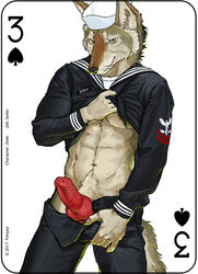 2017 abs animal_genitalia animal_penis canine canine_penis card clothed clothing crotch_grab digital_media_(artwork) erection fonyaa fur grope hat male male_only mammal muscular muscular_male pecs penis playing_card simple_background smile solo standing undressing wolf