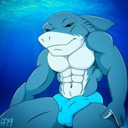 2019 abs anthro balls_outline blue_body blue_clothing blue_scales blue_speedo blue_swimwear bulge clothed clothing detailed_bulge digital_media_(artwork) dorsal_fin fabfelipe featureless_chest fin fish genital_outline gills hi_res male male_only marine mouth_closed multicolored_body multicolored_scales muscular muscular_anthro muscular_male navel penis_outline scales shark solo speedo speedo_only swimwear topless topless_anthro topless_male two_tone_body two_tone_scales white_body white_scales