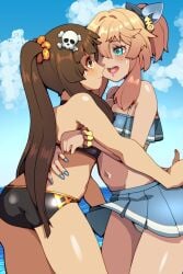 2girls :d androgyne_symbol aqua_eyes blonde_hair blue_nails blue_skirt blue_sky blush breast_press breasts bridget brown_eyes brown_hair cloud cloudy_sky eye_contact genderswap_(mtf) guilty_gear guilty_gear_strive hair_ornament hair_scrunchie highres hug long_hair looking_at_another may_(guilty_gear) multiple_girls n0_image ocean open_mouth orange_nails orange_scrunchie pleated_skirt ponytail rule_63 scrunchie short_ponytail sidelocks skirt sky small_breasts smile sweatdrop swimsuit yuri