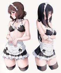 2girls alternate_costume apron artist_request bikini black_bikini black_hair black_skirt black_thighhighs breasts brown_eyes brown_hair detached_collar embarrassed enmaided female hibike!_euphonium highres kousaka_reina lie_lack1080 maid maid_bikini maid_headdress multiple_girls oumae_kumiko skirt swimsuit thighhighs thighs unconventional_maid white_apron white_background