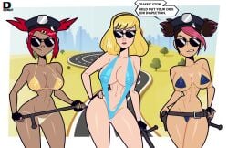 3girls alternate_version_available big_breasts bikini bikini_bottom bikini_top black_gloves blonde_female blonde_hair brown_body carly_witwicky chocolate_and_vanilla city commission cop crossover dark-skinned_female dark_skin deemlyart detailed_background dialogue english_text female female_only fingerless_gloves girl gloves hand_on_hip hasbro human light-skinned_female light_skin looking_at_viewer midriff miko_nakadai nipples nipples_visible_through_bikini nipples_visible_through_clothing pigtails police_baton police_hat police_officer policewoman practically_nude red_hair sari_sumdac sexy sexy_body sexy_girl sexy_pose sexy_woman shades sling_bikini tan-skinned_female tan_skin text thighs transformers transformers_animated transformers_g1 transformers_prime trio