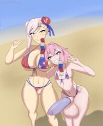 1boy 1boy1girl 1girls 4th_of_july astolfo_(fate) balls bikini blue_eyes breasts condom condom_in_mouth condom_on_penis condom_packet_strip condom_wrapper exposed_penis exposed_pussy fate/grand_order fate_(series) female huge_ass huge_balls huge_breasts huge_cock kawaiiredpandas male miyamoto_musashi_(fate) miyamoto_musashi_(swimsuit_berserker) otoko_no_ko otokonoko peace_sign penis pink_eyes pink_hair silver_hair smug smug_face taller_girl thick_ass thick_thighs trap wearing_condom