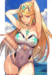 1girls arms_up arms_up_pose blonde_hair female hungry_clicker large_breasts long_hair mythra nintendo one-piece_swimsuit solo swimsuit thick_thighs thighlet white_swimsuit wide_hips xenoblade_(series) xenoblade_chronicles_2 yellow_eyes