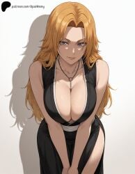 1girls ai_generated bare_shoulders black_dress bleach bleach:_the_thousand-year_blood_war blonde_hair blue_eyes breasts chain_necklace cleavage dress eyebrows_visible_through_hair female hair_over_shoulder hands_on_own_knees hi_res high_quality high_resolution highres huge_breasts jewelry large_breasts leaning_forward light_smile long_hair looking_at_viewer matsumoto_rangiku matsumoto_rangiku necklace opal_nemy patreon patreon_logo patreon_username plain_background self_upload shadow side_slit simple_background smile smirk thighs watermark white_background