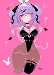 arms_behind_back bunny_ears bunnysuit card colored_inner_hair handcuffs hatsune_miku heart hips horny horny_female pantyhose pink_background purple_hair rabbit_hole_(vocaloid) simple_background skindentation tagme teal_eyes thick_thighs thighs tied_arms twintails usa37107692 vocaloid wide_hips