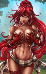 abs battle_chasers breast_grab breasts cleavage dandon_fuga female female_only grabbing_own_breast long_hair looking_at_viewer muscular_female panties pinup red_hair red_monika skimpy_clothes solo thong toned toned_female