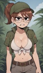 ai_generated ass bigmic145 breasts brown_hair cap cleavage female front-tie_top glasses hat jacket julie_powers navel netflix nude ponytail safari safari_hat safari_jacket scott_pilgrim scott_pilgrim_takes_off shorts tube_top tubetop