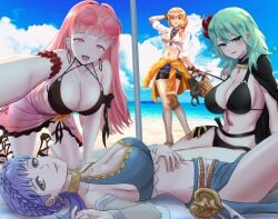 4girls bare_shoulders beach bikini black_bikini blue_bikini blue_hair blue_sarong braid breasts brown_eyes byleth_(fire_emblem) byleth_(fire_emblem)_(female) cleavage crown_braid earrings female_byleth_(fire_emblem) female_byleth_(summer)_(fire_emblem) female_focus fire_emblem fire_emblem:_three_houses green_eyes green_hair high_heels highres hilda_valentine_goneril jewelry large_breasts leonie_pinelli lying marianne_von_edmund marianne_von_edmund_(summer) matching_hair/eyes matoimangekyo multiple_girls navel nintendo on_back open_mouth orange_hair outdoors pink-tinted_eyewear pink_eyes pink_hair pink_sarong sarong sheath short_hair sunglasses_on_head swimsuit tassel tinted_eyewear twintails