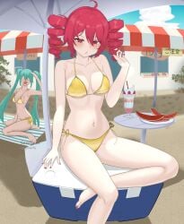 2d 2d_(artwork) 2girls ahoge beach belly bikini blue_hair breasts feet female female_focus female_only gold_bikini golden_bikini golden_week hatsune_miku kasane_teto loginazfy medium_breasts nail_polish navel open_mouth painted_nails petite petite_female red_eyes red_hair red_nails side-tie_bikini sitting slim slim_girl slim_waist thick_thighs thighs twin_drills twintails utau vocaloid