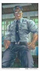 1boy belt big_bulge bluesky_username blush bulge bulge_through_clothing ceiling ceiling_light dark_skin electric_fan erection erection_under_clothes gay genital_outline hat hi_res indoors looking_at_viewer male male_only mature_male muscles muscular muscular_arms muscular_legs muscular_male muscular_thighs necktie offscreen_character original original_character rolled_up_sleeves short_hair sohma_89_(sohma_kkk) standing tight_clothing train_conductor twitter_username uniform veiny_arms veiny_hands very_high_resolution white_border wide_eyed window wooden_ceiling yaoi
