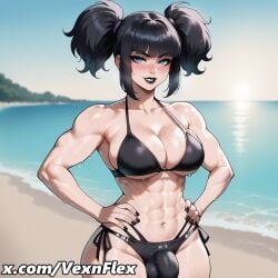 abs ai_generated beach bikini black_bikini black_hair black_lips black_nails blue_eyes blush breasts bulge day female futanari goth goth_girl hands_on_hips hi_res high_resolution large_breasts looking_at_viewer muscular muscular_female navel ocean outdoors side-tie_bikini_bottom sky smile solo swimsuit twintails vexnflex violet_(vexnflex) watermark web_address
