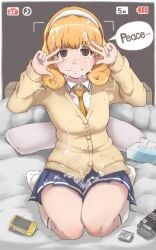 blush cardigan cum cum_on_hair double_v facial female hairband necktie sitting skirt solo tongue wariza white_hairband yayoi_kise