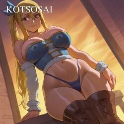 ai_generated big_breasts blonde_hair blue_clothing fairy_tail female kotsosai lucy_heartfilia seductive_smile shexyo_(ai_style) thick_thighs thong