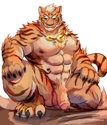 4_toes abs anthro balls better_version_at_source biceps blue_eyes caro_zalt cheek_tuft chest_tuft crouching feline fur inner_ear_fluff lin_hu looking_at_viewer male male_only mammal muscular muscular_male nekojishi nipples orange_fur pecs penis simple_background smile solo stripes tiger toes tuft