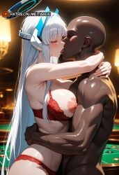 1boy ai_generated arms_around_neck bald blue_archive blush bra breasts closed_eyes dark-skinned_male dark_skin faceless female french_kiss halo hug interracial kissing large_breasts long_hair male mechanical_halo meita muscular muscular_male netorare nipples noa_(blue_archive) nude panties patreon_username red_bra red_panties straight table tongue tongue_out underwear veins very_long_hair white_hair