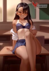 1girls 2d ai_generated areolae ass back bare_shoulders big_ass black_hair blue_eyes bra brown_eyes dark_skin dark_skinned_female day erophoenix female female_focus full_body hairclip hayase_nagatoro jewelry long_hair looking_at_viewer one-piece_tan panties patreon_username please_don't_bully_me,_nagatoro sitting skin_fang small_breasts smile solo tan tan_body tan_lines tanline thick thick_thighs uncensored underwear undressing