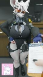 16:9 3d_(artwork) 4k angry anthro chair clothing container cup digital_media_(artwork) female freckles furniture ghostoast hi_res mammal mug murid murine office office_chair officer_flint_(foresttherotten) paper paper_stack paperwork police police_officer police_uniform rat rodent solo uniform warfare_flint widescreen