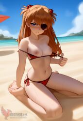 1girls 2d ai_generated areolae ass asuka_langley_sohryu back bare_shoulders beach big_ass bikini bikini_pull bikini_top blue_eyes day erophoenix female female_focus full_body long_hair looking_at_viewer neon_genesis_evangelion ocean orange_hair outdoors pale_skin pale_skinned_female patreon_username red_bikini sky small_breasts solo swimsuit thick thick_thighs uncensored