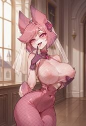 ai_generated alastor_(hazbin_hotel) cute deer_girl deer_tail female female_alastor fishnet_legwear fishnets groping_breasts hazbin_hotel pink_eyes pink_hair pink_nipples rule_63 squeezing_breast veil wedding_veil