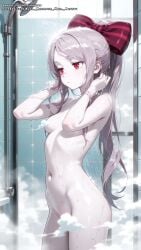ai_female ai_generated bow bowtie bowtie_on_head color colored female girl hell-pantsu hi_res overlord_(maruyama) perfect_body red_eyes shalltear_bloodfallen shower showering silver_hair small_breasts steam vampire vampire_girl wet wet_body wet_hair