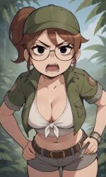 ai_generated ass bigmic145 breasts brown_hair cap cleavage female front-tie_top glasses hat jacket julie_powers navel netflix nude ponytail safari safari_hat safari_jacket scott_pilgrim scott_pilgrim_takes_off shorts tube_top tubetop