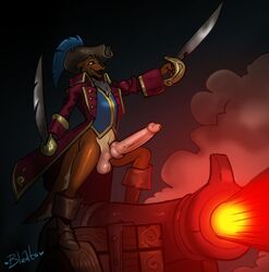 1boy balls bleats boots bottomless cannon clothed clothing cutlass erection footwear freddie_(tenpoundhammer) gradient_background hat hyper hyper_penis jacket knot male male_only mammal melee_weapon mustelid otter penis pirate ranged_weapon simple_background solo sword weapon